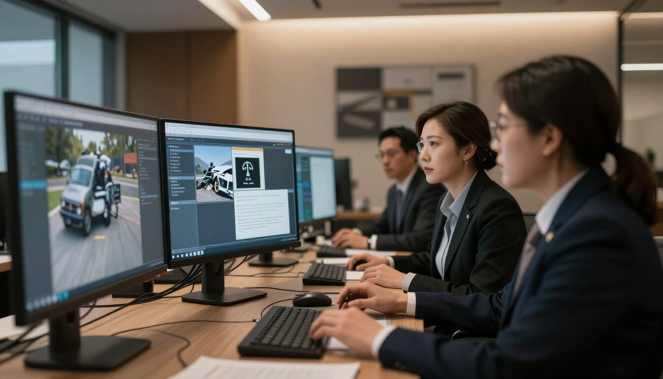 Attorneys studying accident reconstruction and digital evidence on large monitors in a modern Kansas City office