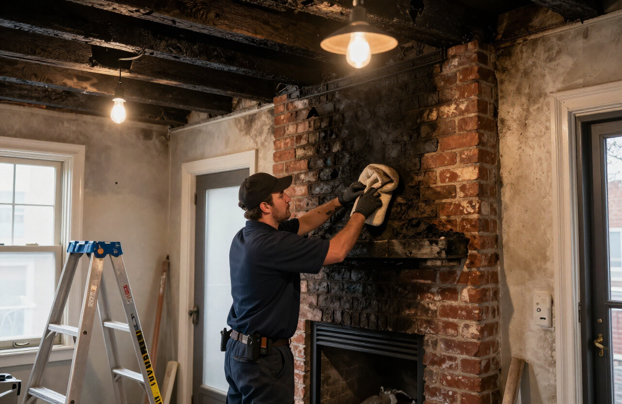 Technician cleaning soot from a fire-damaged fireplace