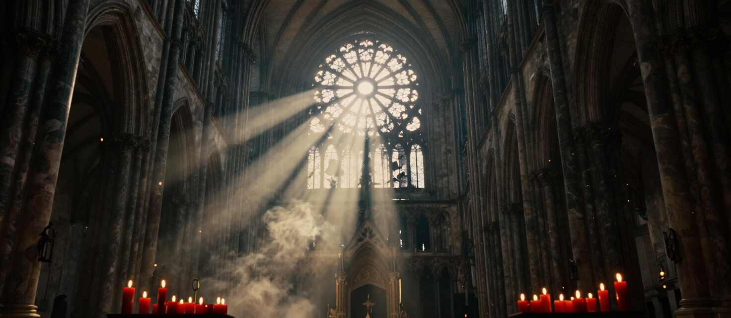 A ruined cathedral at night, an eclipse burning through its shattered rose window