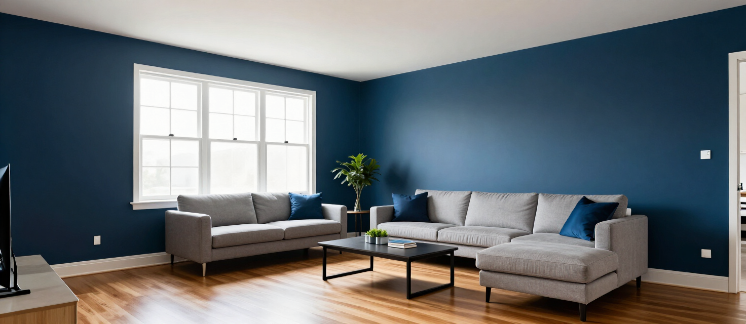 Sala de estar elegante com parede de destaque recém-pintada e acabamento impecável