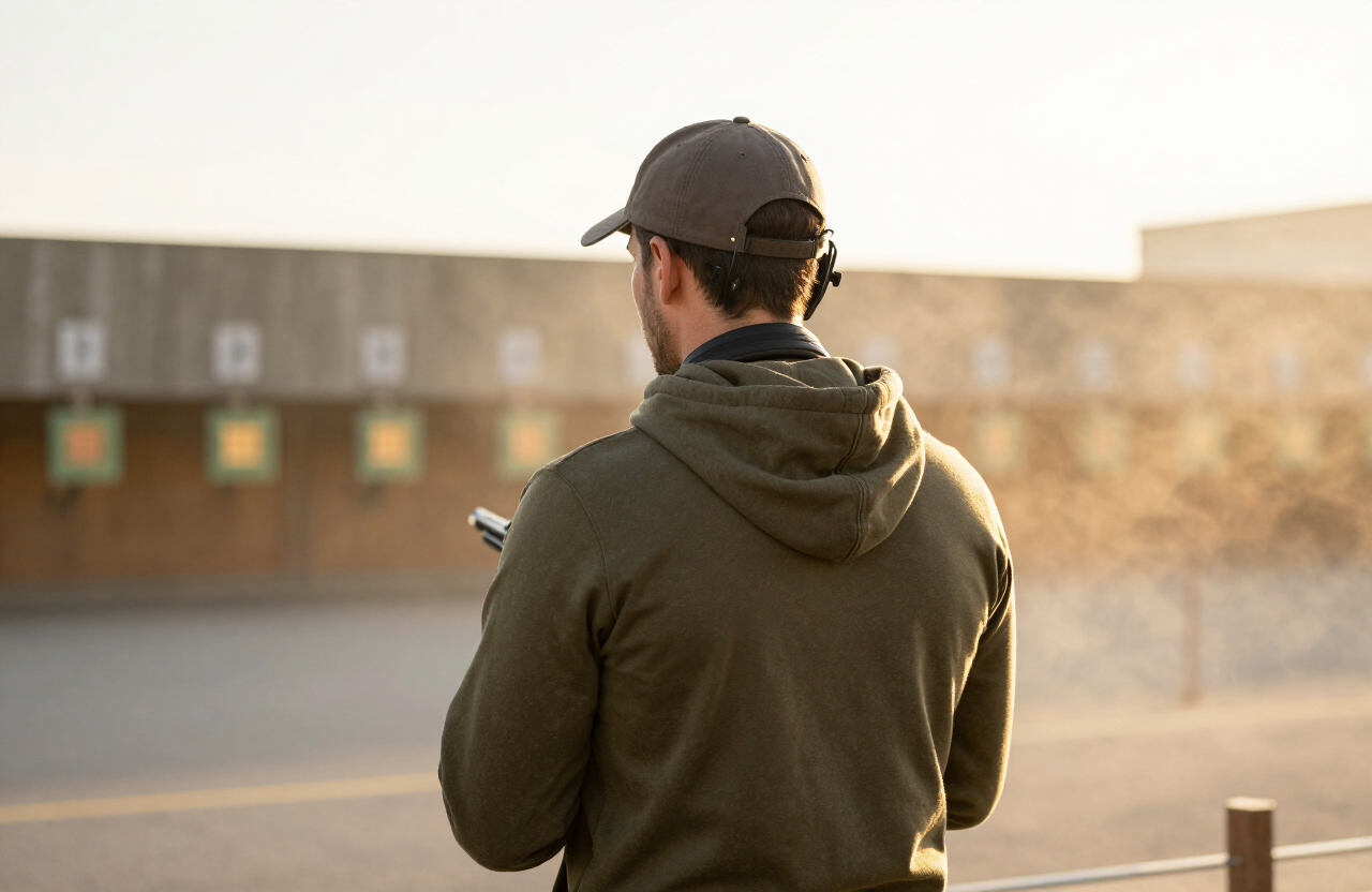 Man in an olive hoodie at an outdoor range at golden hour