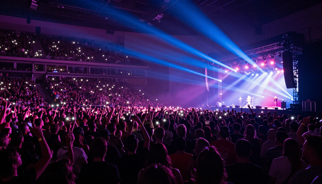 Concert crowd at a large arena with colorful stage lighting during a live show
