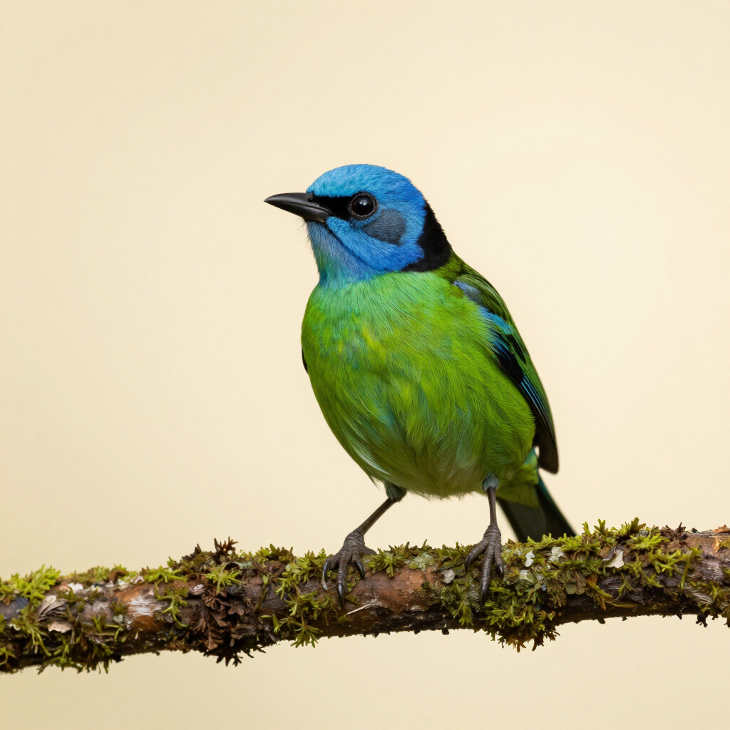 Saíra-sete-cores pousada em um galho com musgo