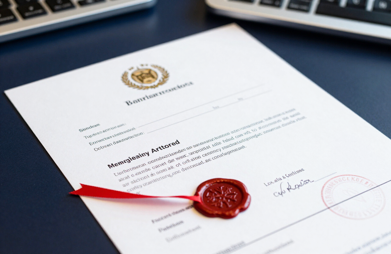 Certified Turkish translation of official certificates with stamp and red ribbon on a London desk