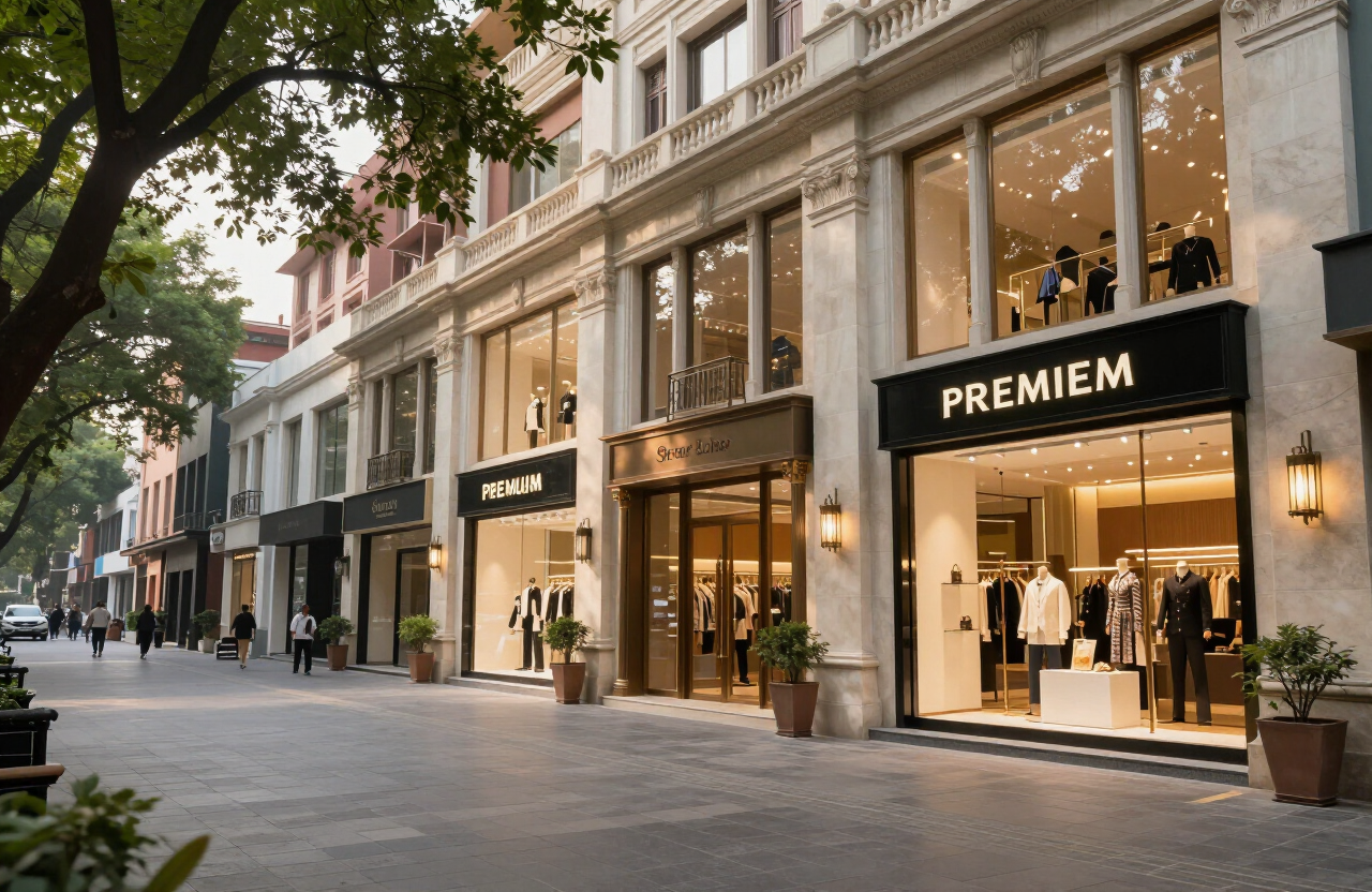 Premium high-street retail boulevard in New Delhi with elegant stone storefronts