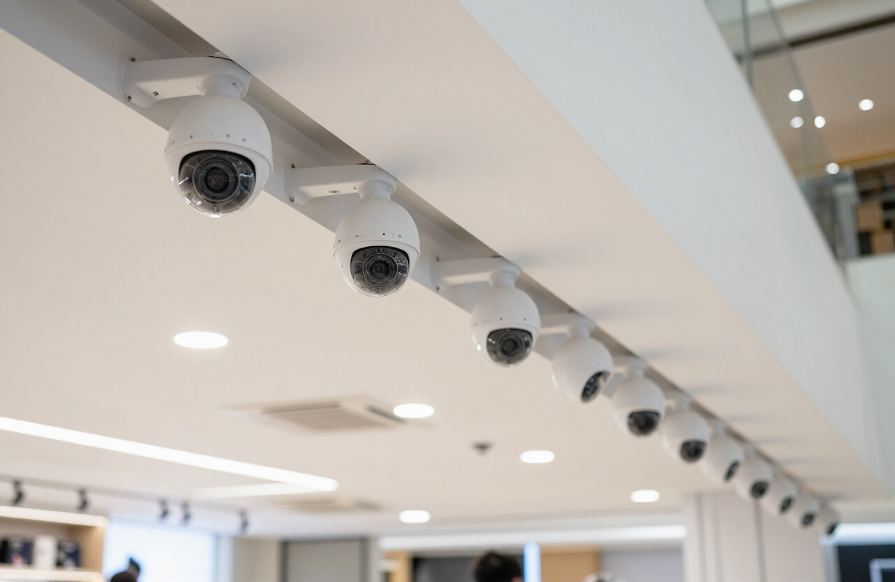 Row of dome CCTV cameras installed on the ceiling of a Kuala Lumpur retail shop