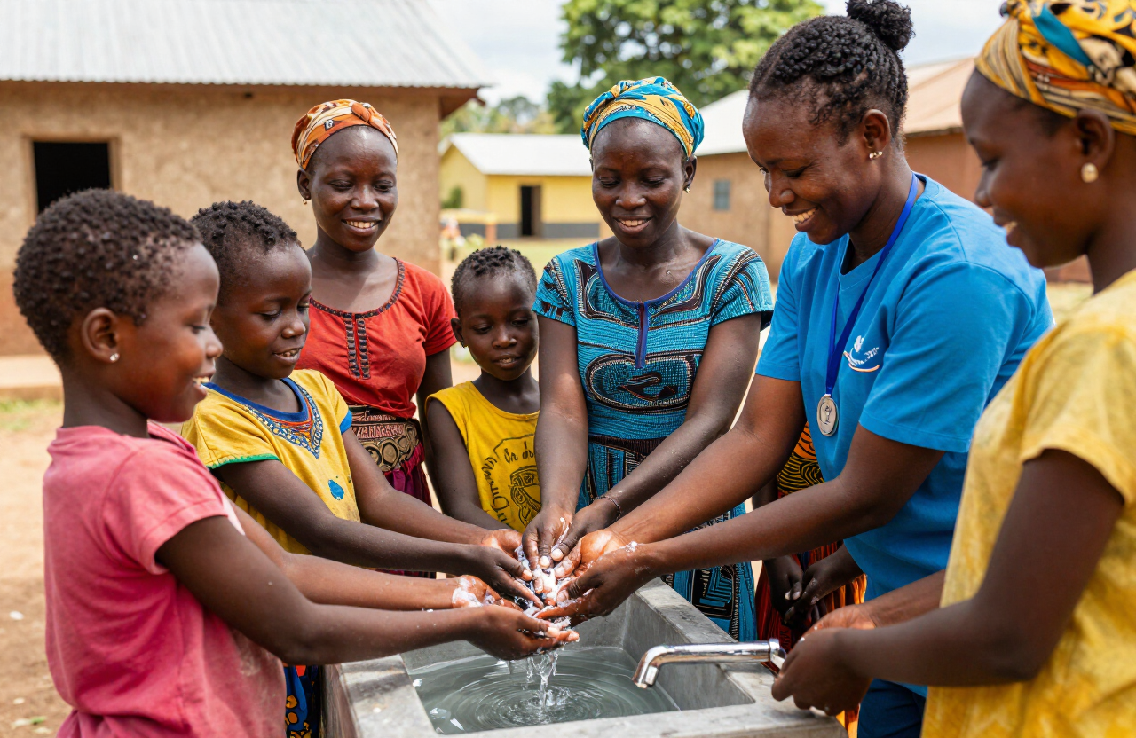A community health worker demonstrating handwashing to children and mothers at a water station