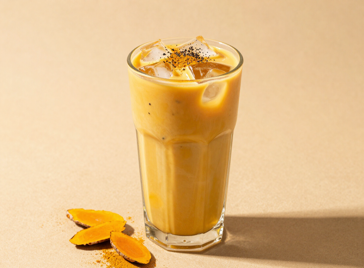Katapult Dorato golden turmeric cold brew latte over ice with milk swirl and turmeric garnish