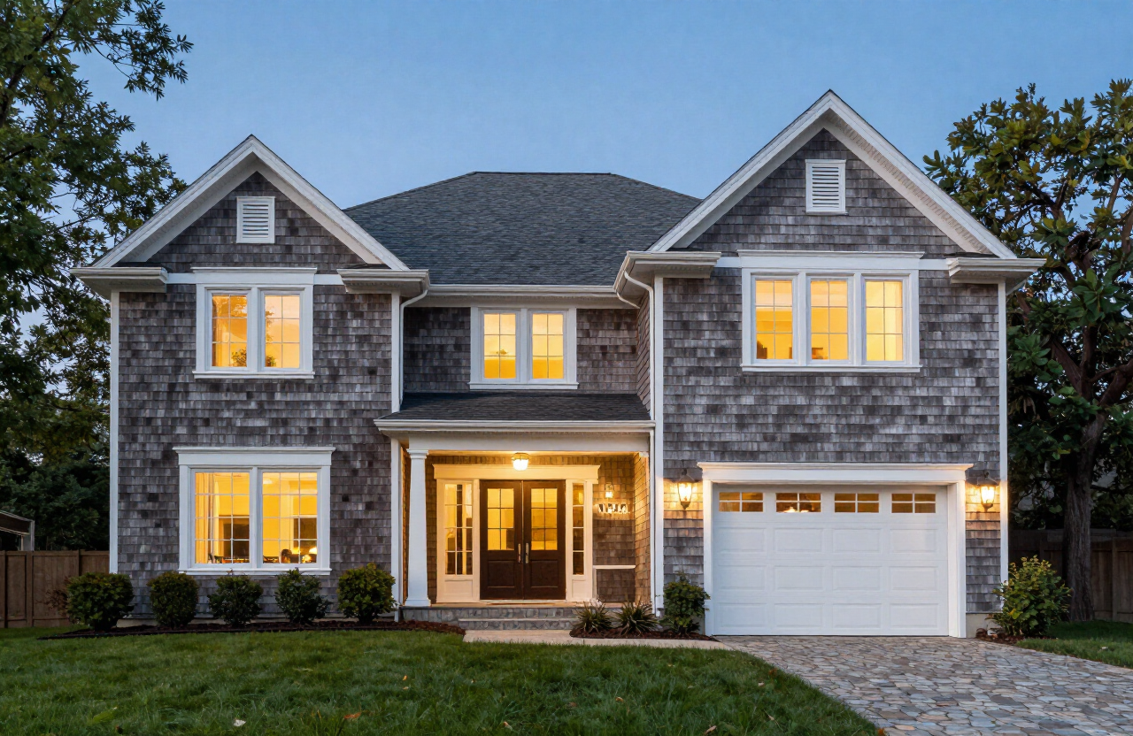 Illustrative finished luxury Englewood NJ estate exterior with refreshed cedar siding, restored trim, and crisp details at dusk