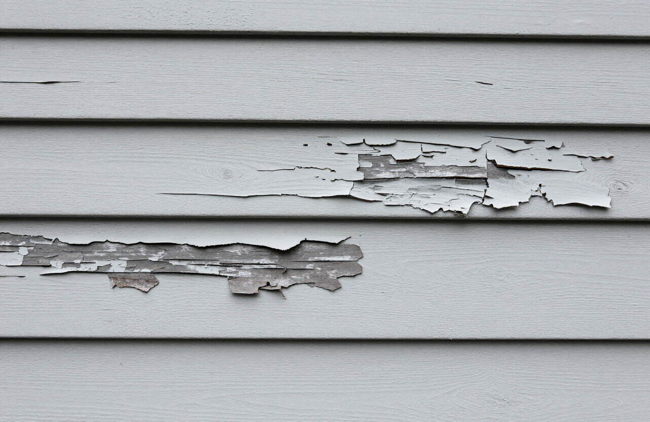 Close-up of wind-damaged peeling and flaking exterior paint on Secaucus NJ home siding