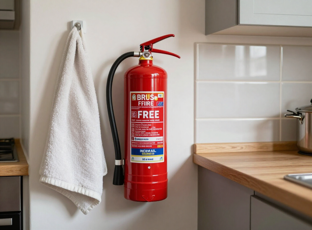 Fire extinguisher and fire blanket fitted on a kitchen wall