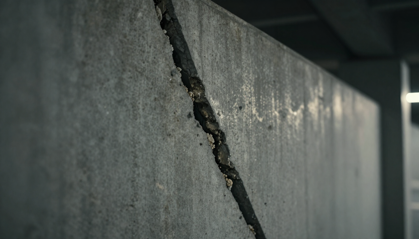 Macro photograph of a deep diagonal crack in weathered concrete