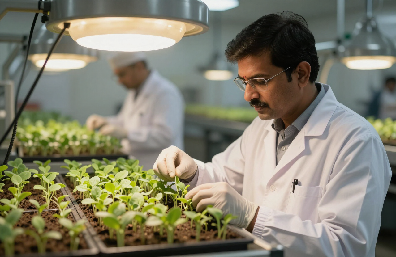 Seed specialist inspecting germination trays of young seedlings