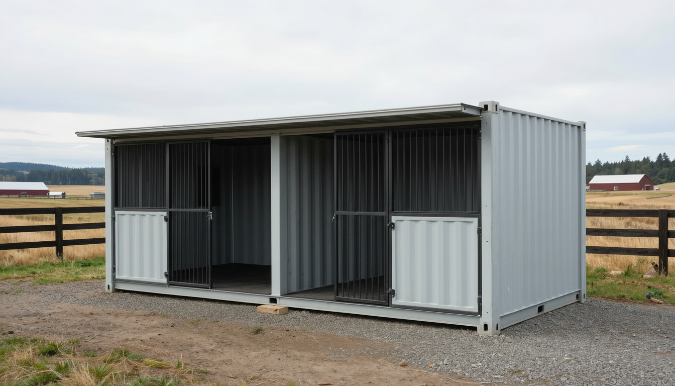 Saddle & Steel Ranch 1 empty full 20-foot build with a center dividing wall, rubber stall mats, and no front awning, situated on ranch property