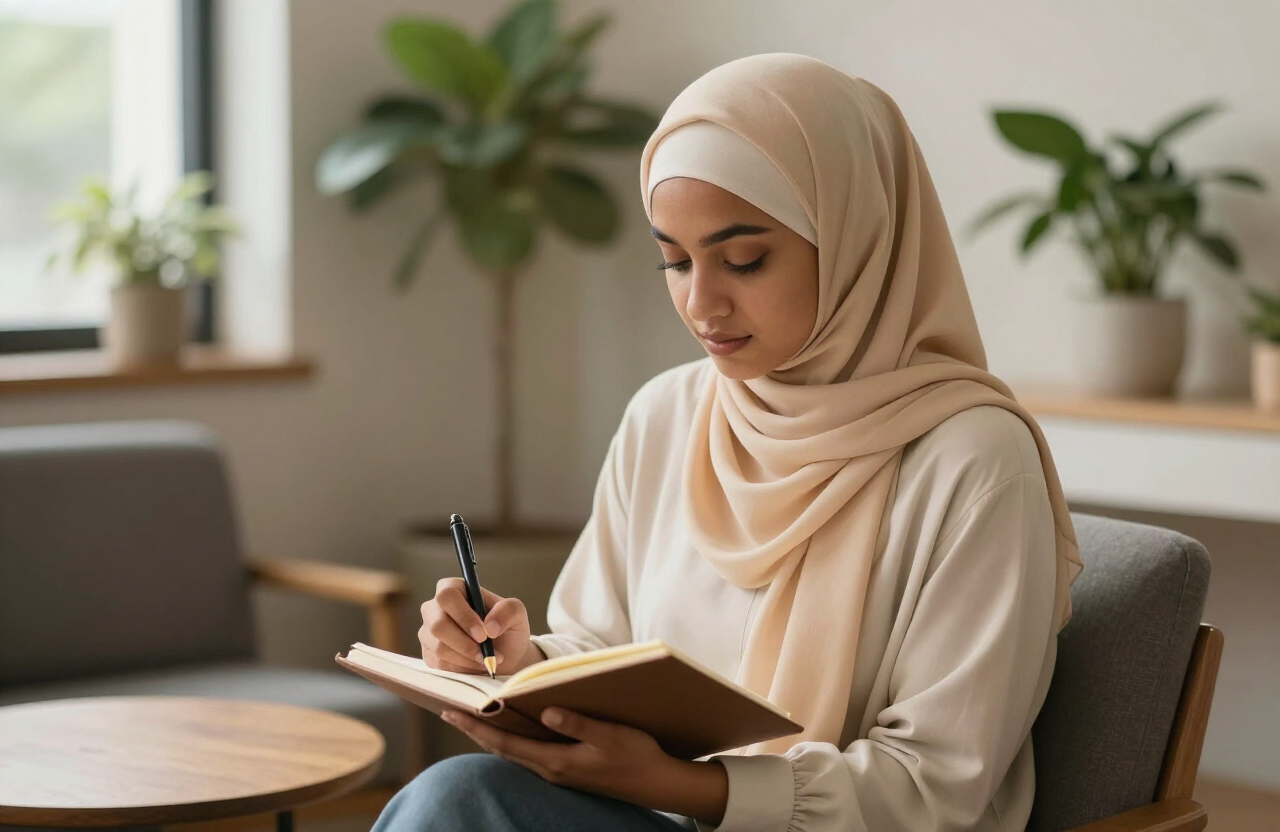 A young woman journaling in a calm lounge