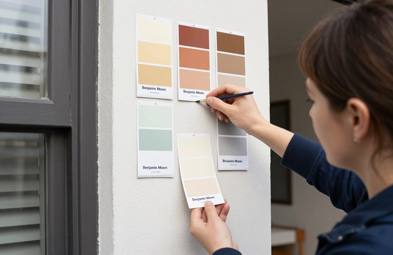 Paint color sample swatches tested on a Secaucus NJ condo wall near a window with natural daylight
