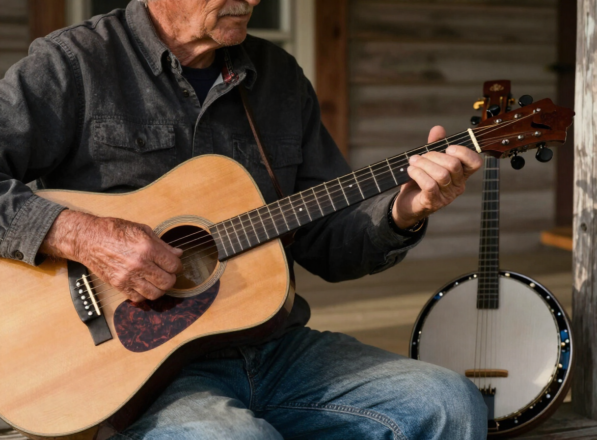 Close-up of a musician's hands playing an acoustic fiddle on a porch in rural Southwest Virginia
