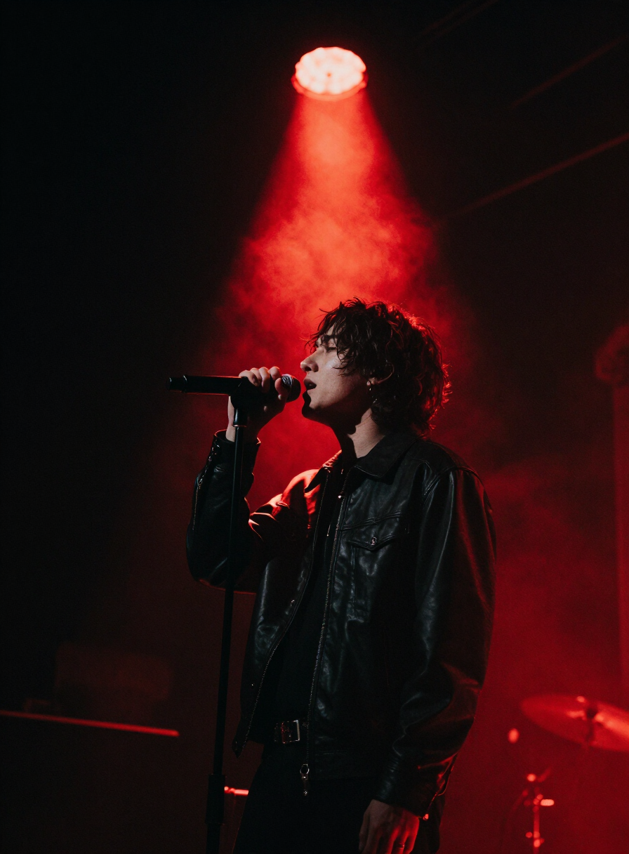 Singer gripping a microphone under a single red spotlight in a smoky Berlin venue