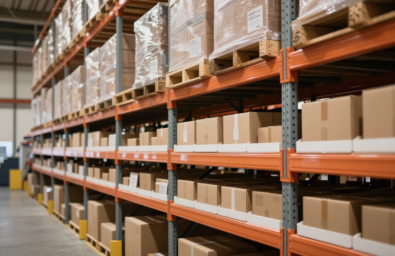 Organized shelving racks with labeled storage bins inside the USReturnHub warehouse in Salem, New Hampshire