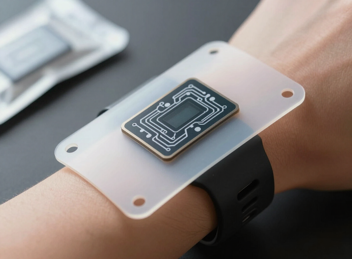 Wearable flexible electronic device with a printed sensor circuit on a plastic film substrate