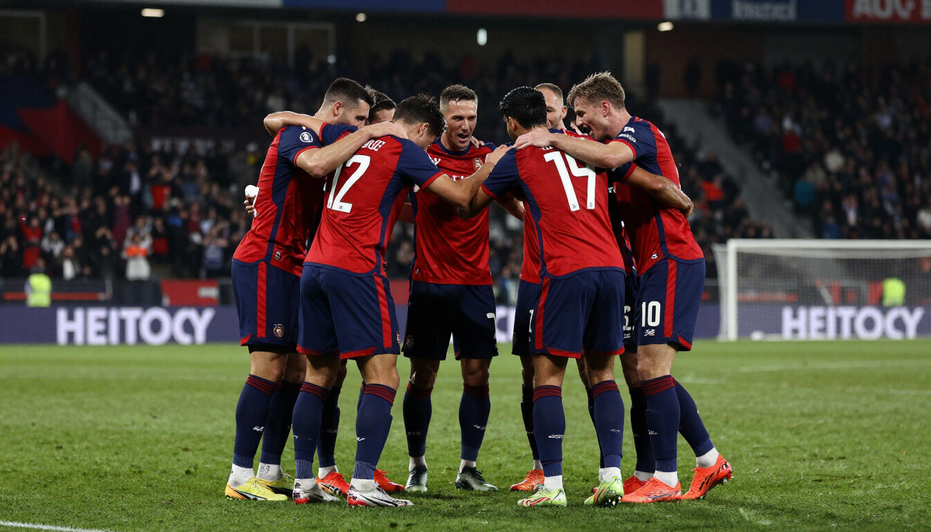 Soccer team in red and navy Engreek kits celebrating on a floodlit pitch at night