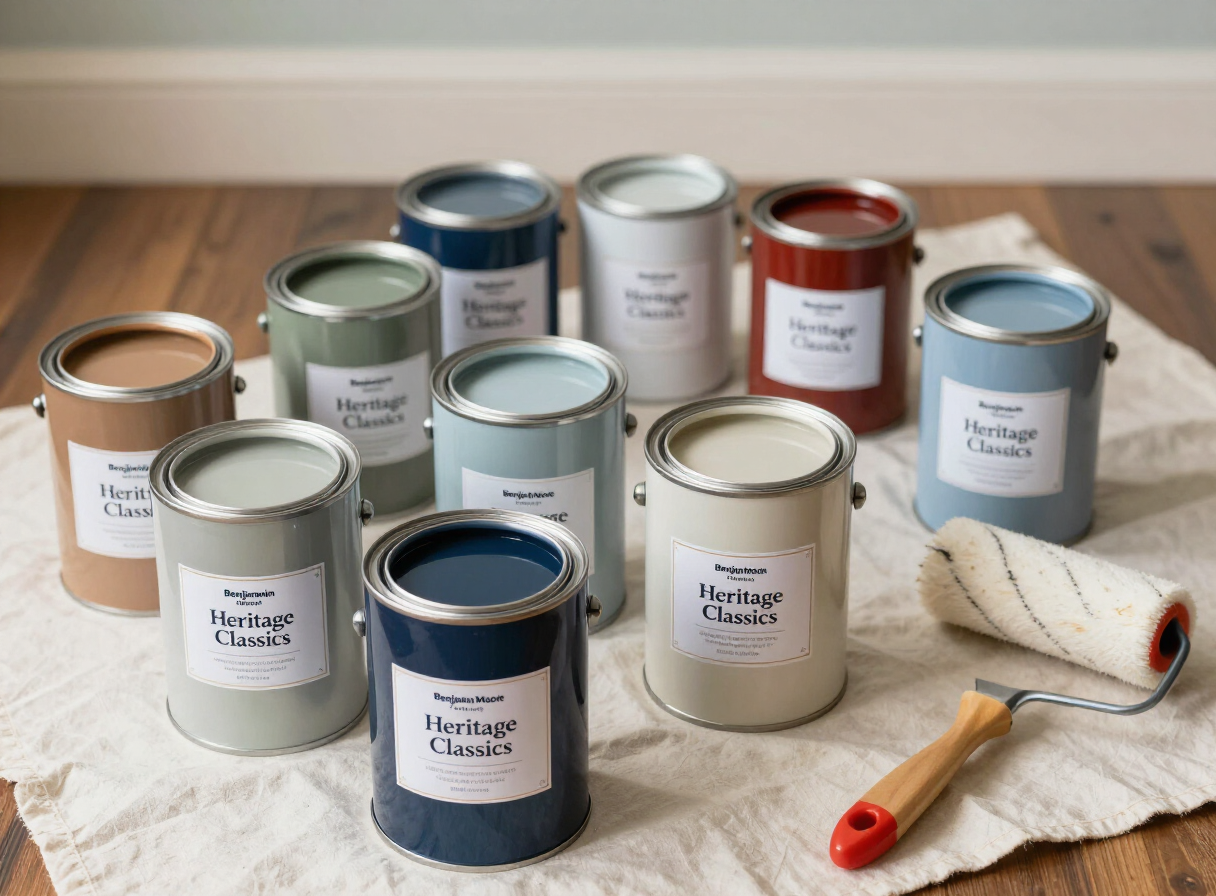 Benjamin Moore Heritage Classics paint cans for historic restoration in Palisade Park