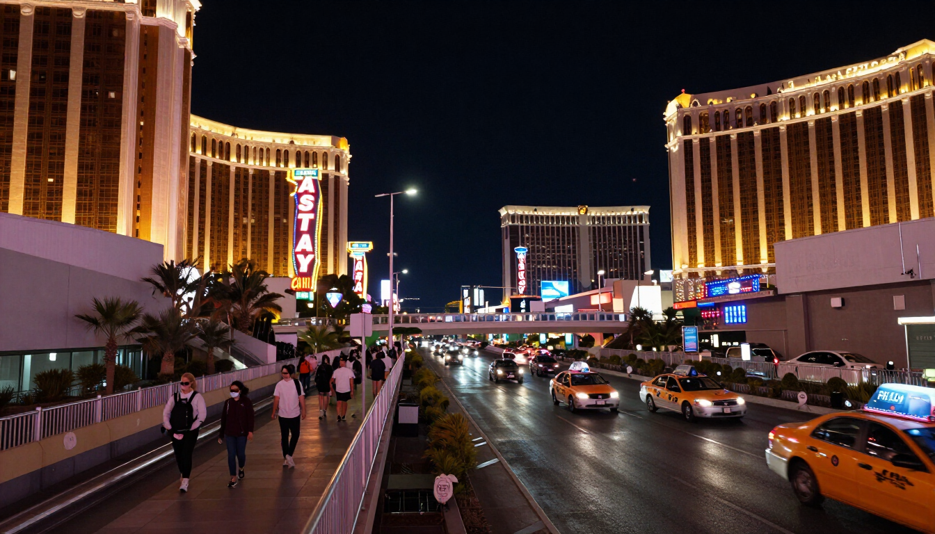 Las Vegas Strip at night with neon lights and pedestrians walking between resorts