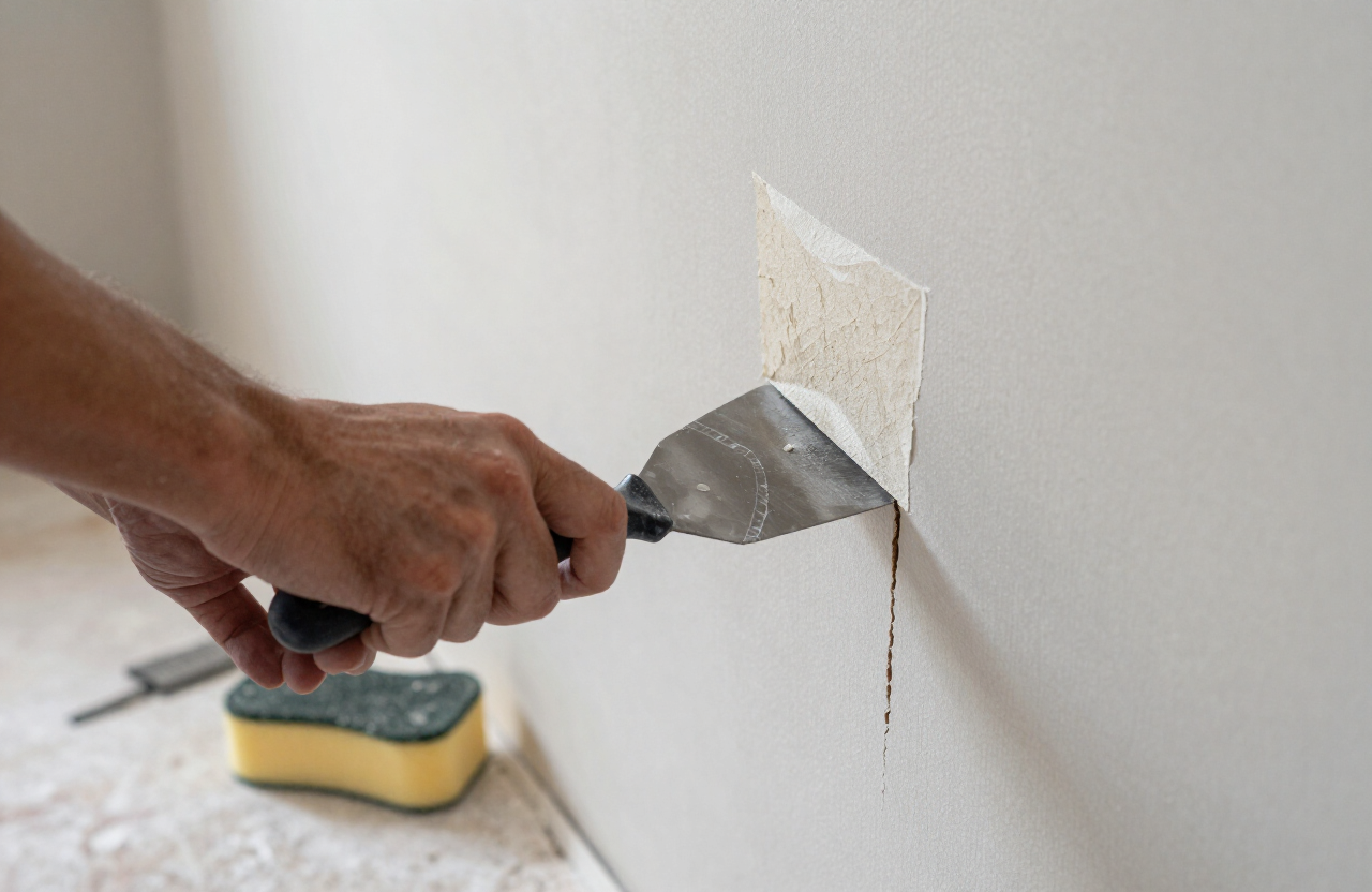 Illustrative drywall repair scene in a Moonachie NJ home with a specialist patching a settlement crack with joint compound