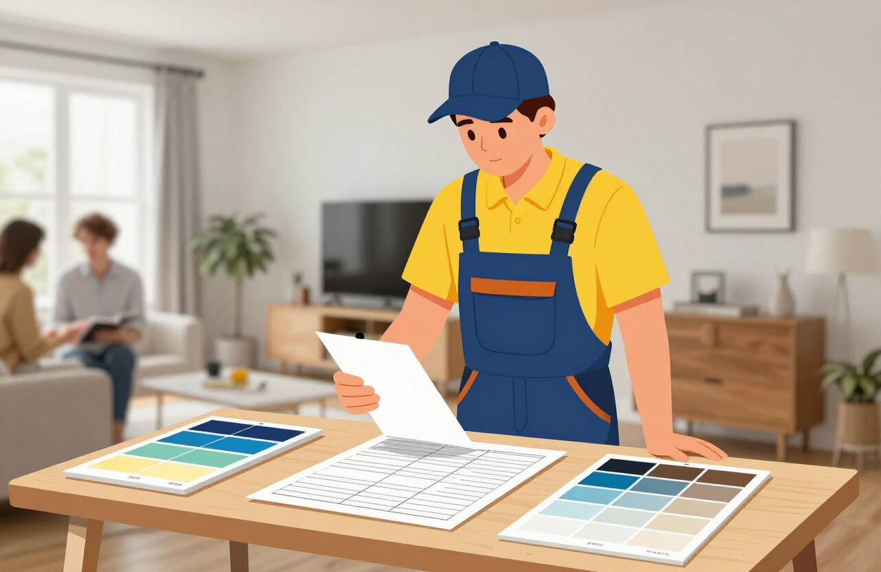 Illustrative painting contractor reviewing a color and scope plan with a homeowner in a Hoboken apartment