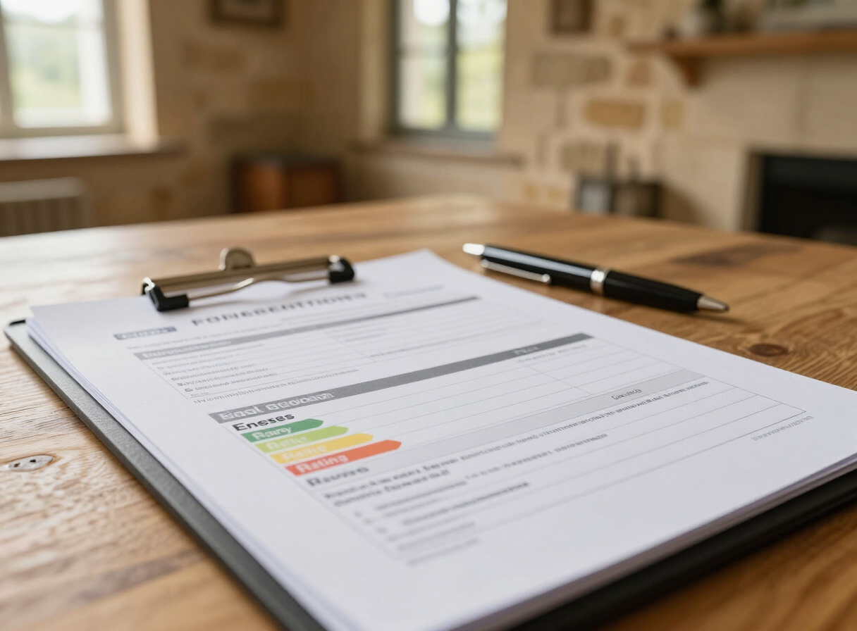 Open property diagnostics dossier (DDT) documents on a desk beside a stone French farmhouse