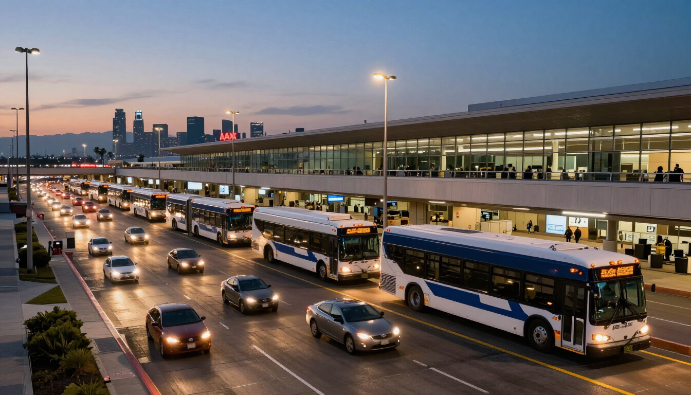 Evening traffic and shuttle buses outside Los Angeles International Airport heading toward concert venues