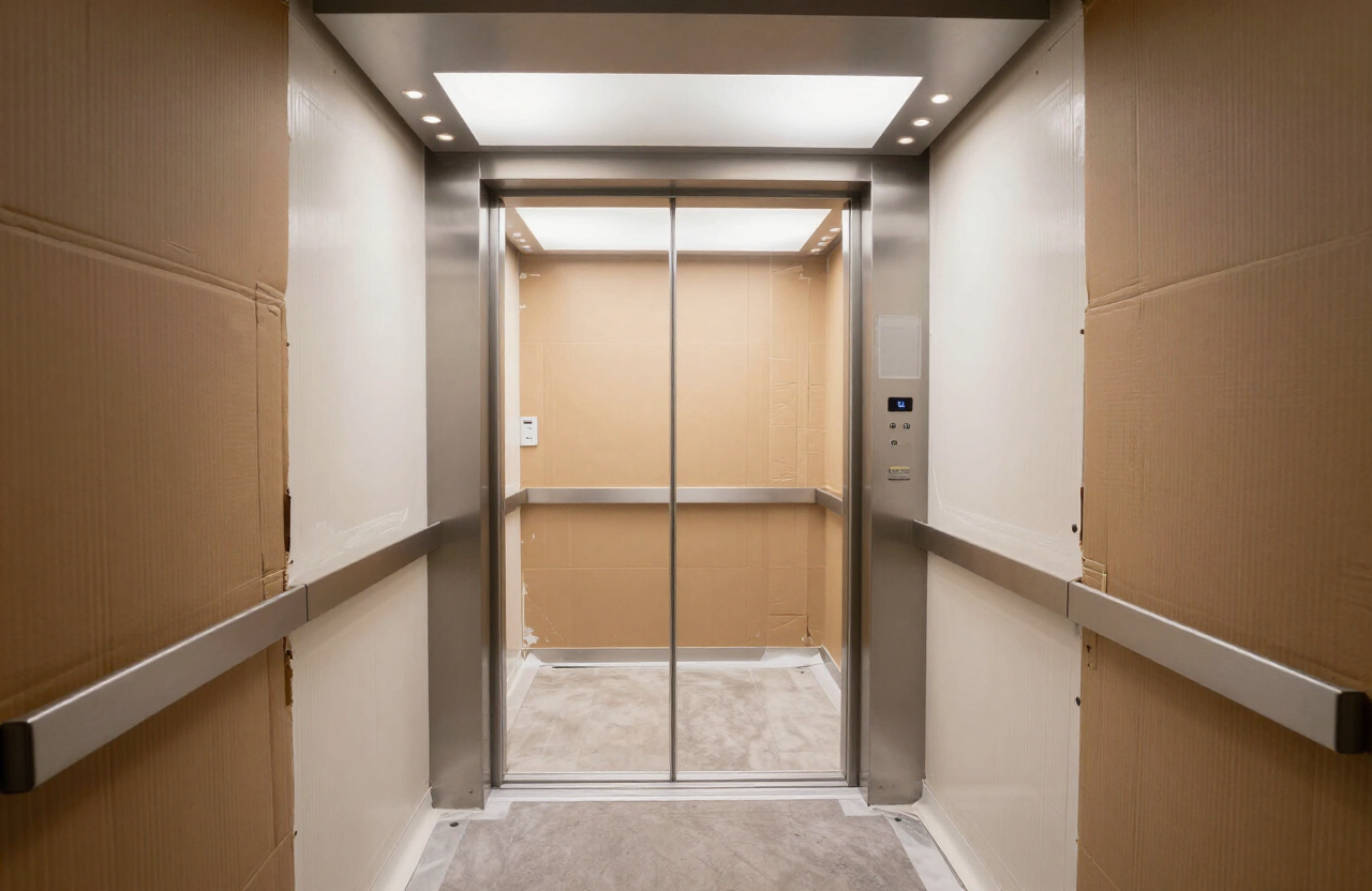 High-rise building elevator protected with masking during painting work in a Weehawken NJ condo