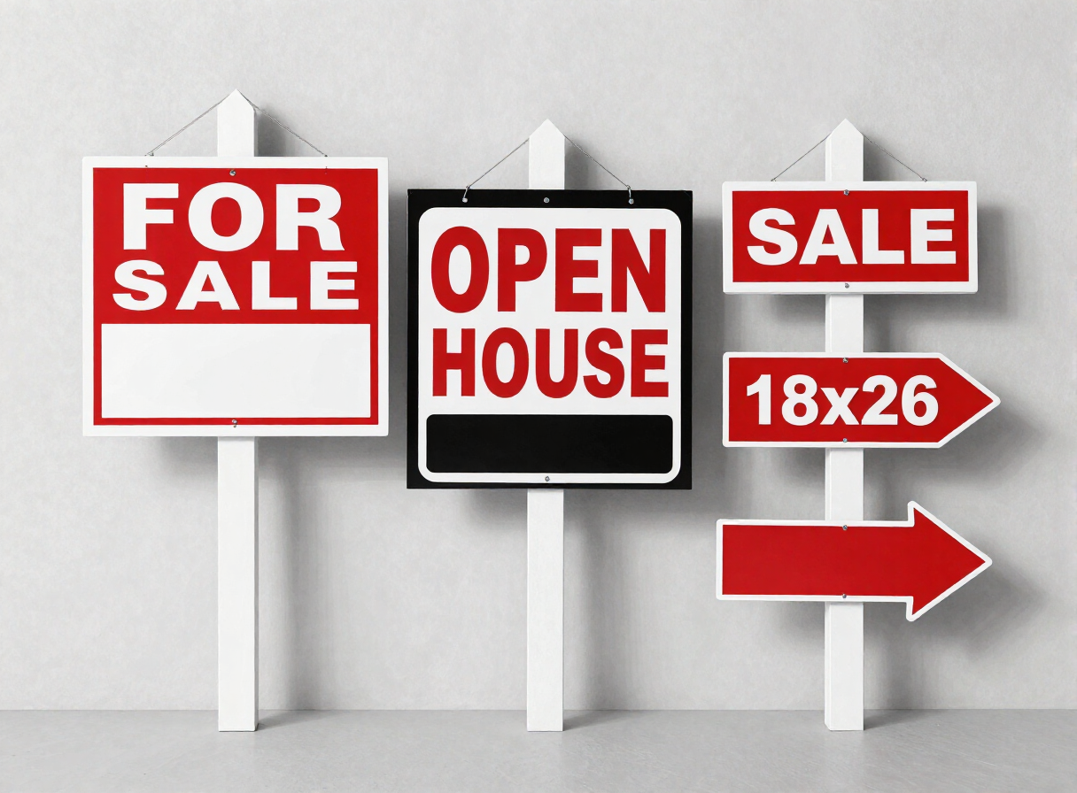 Set of three real estate signs — FOR SALE, OPEN HOUSE, and directional arrow — in various sizes from 18x24 to 24x36
