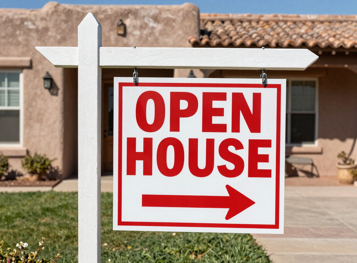 Bold red OPEN HOUSE real estate sign with arrow, 24x36 corrugated plastic in Las Cruces, NM
