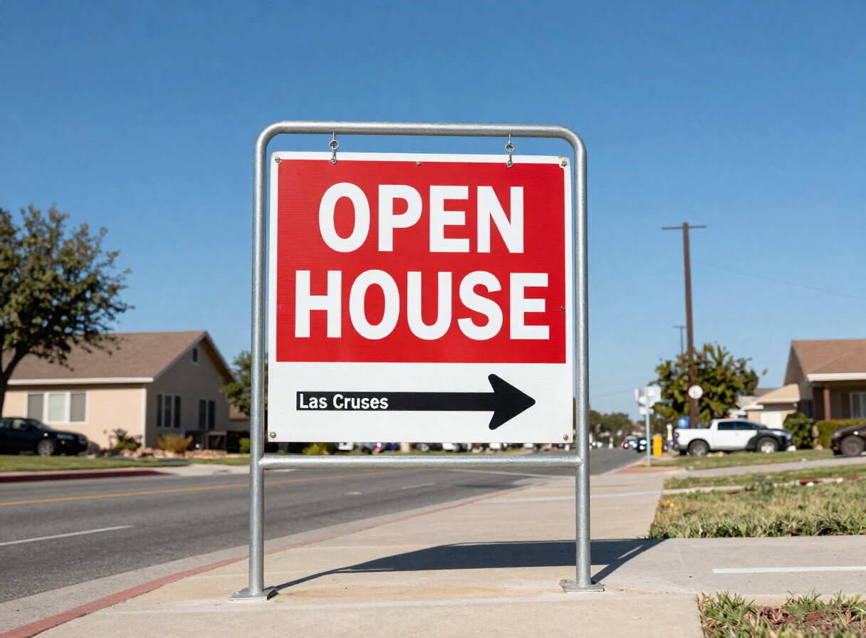 Red directional arrow real estate sign reading OPEN HOUSE on a metal frame stake in Las Cruces, NM