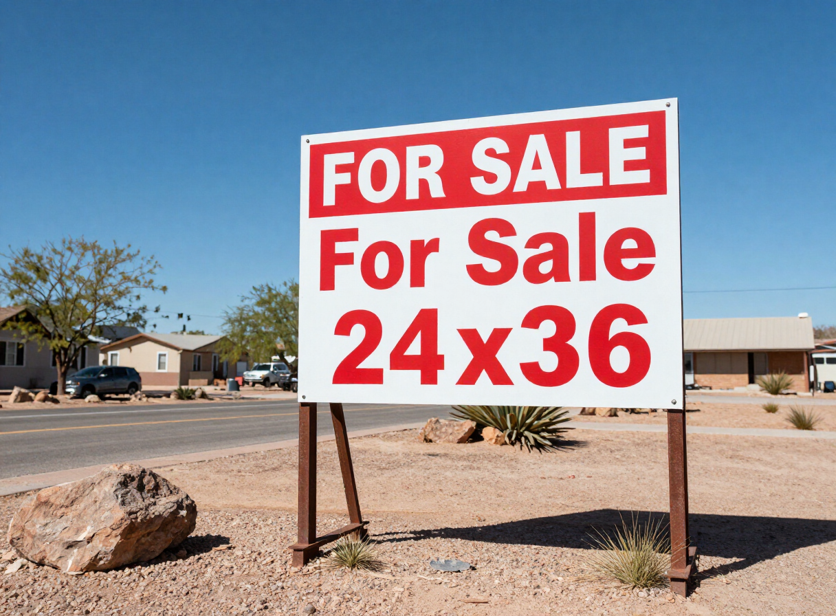 Large 24x36 FOR SALE real estate sign with custom red branding on metal H-frame in Las Cruces, NM