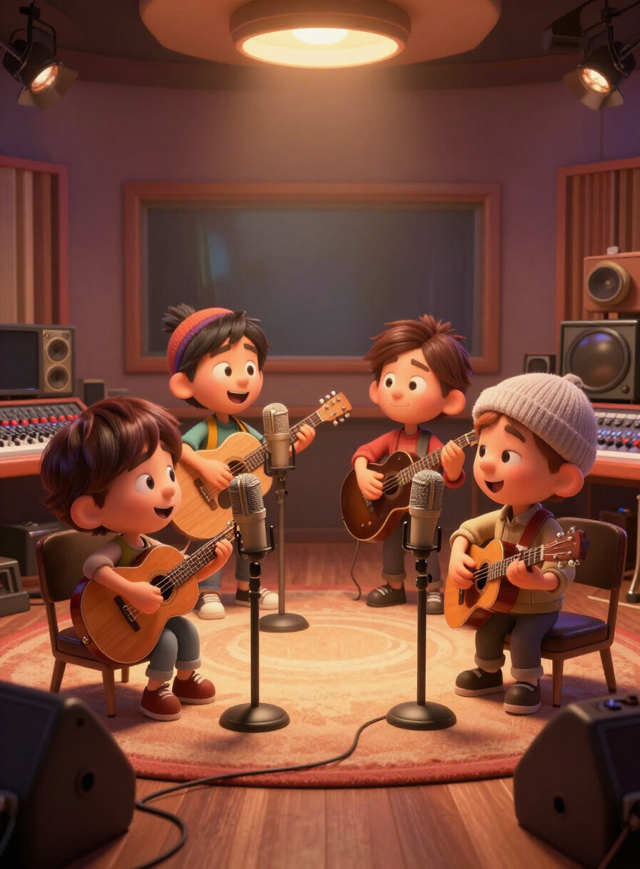 Cartoon musicians recording together in a cozy studio