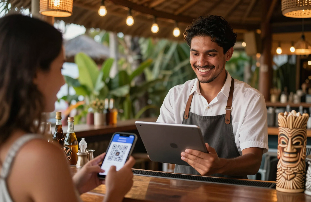 Bali bartender scanning a guest's SipStamp QR code with an iPad at a tiki bar