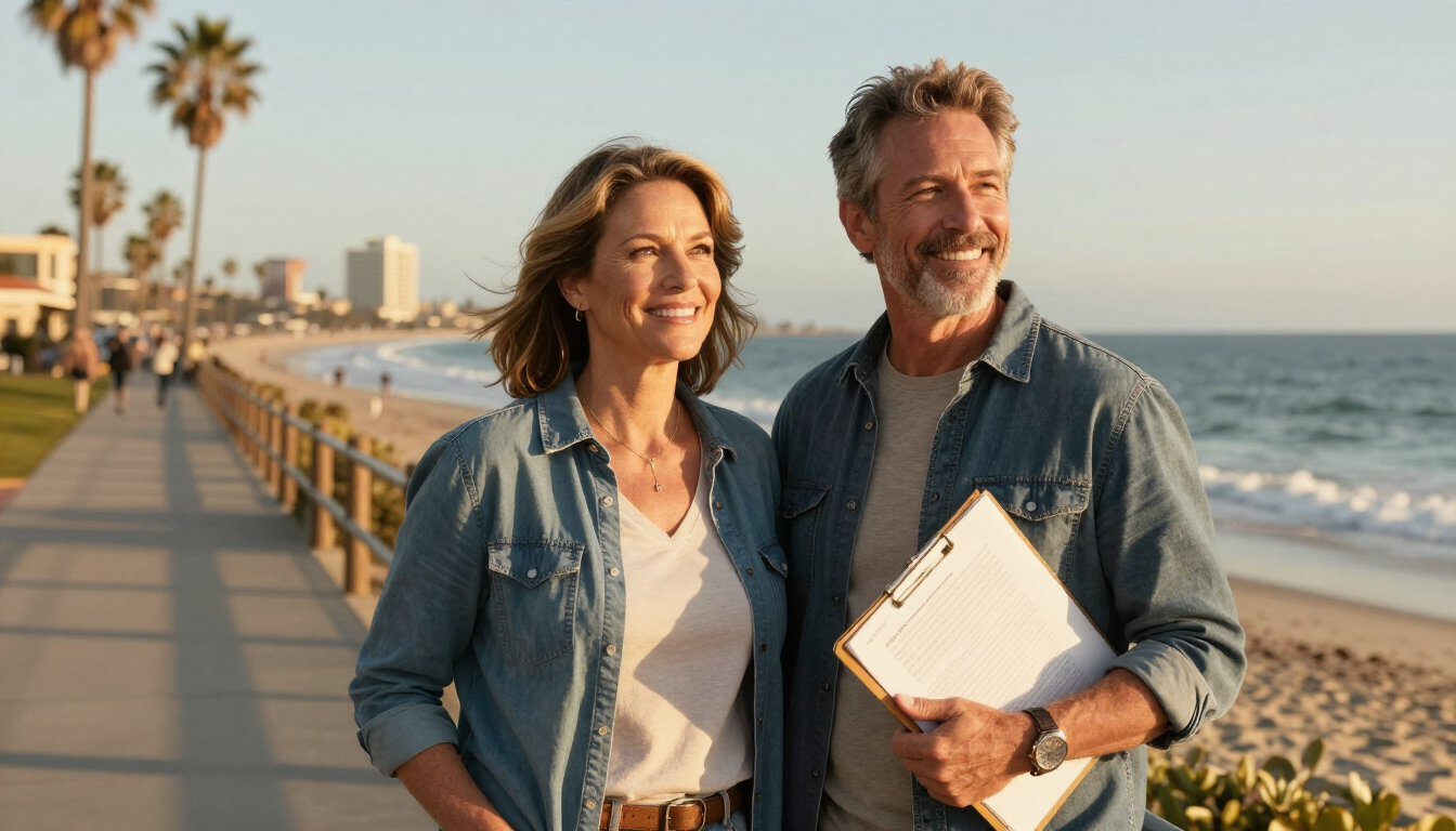 A relaxed couple standing on a sunlit coastal boardwalk, symbolizing relief and freedom after exiting an unwanted timeshare