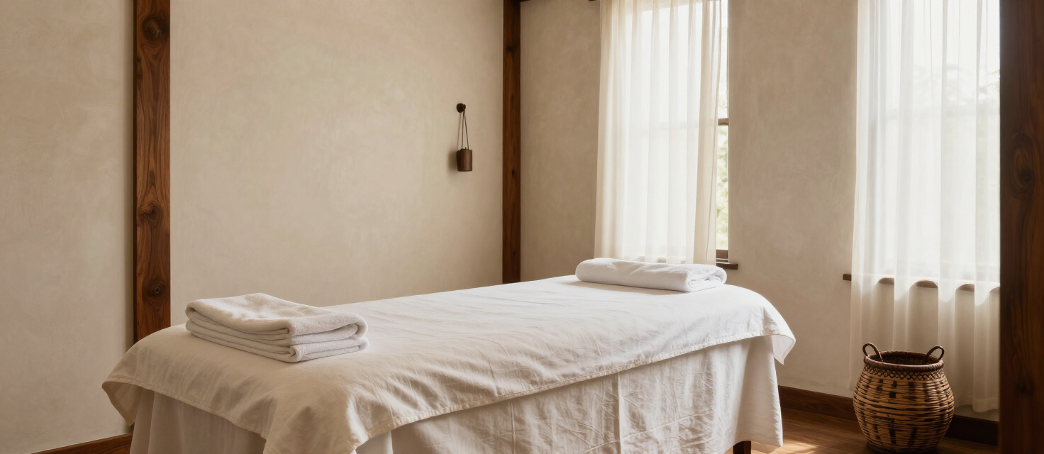 A serene treatment room at Almira Spa in Kilimani, Nairobi — ivory linen, dark wood and soft daylight