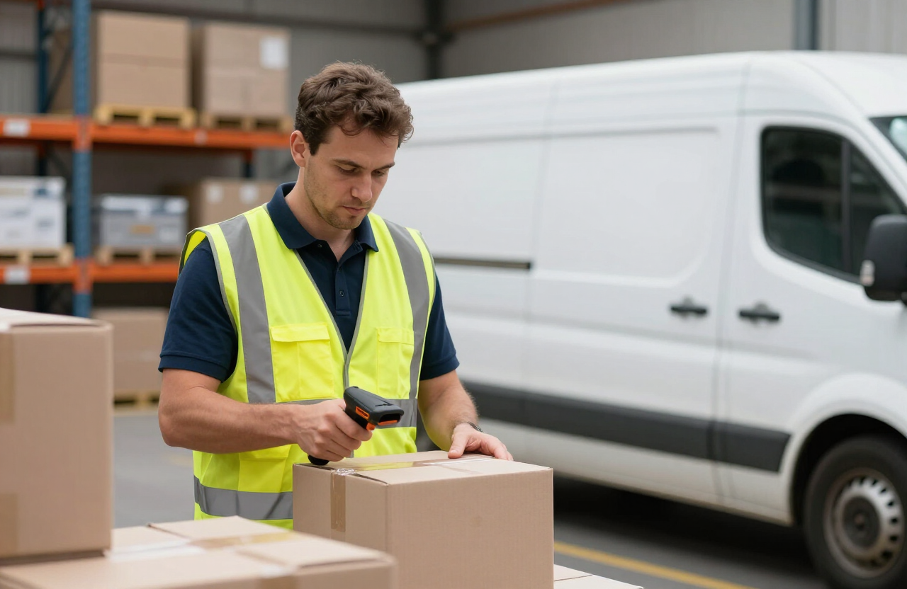 Warehouse operative scanning boxes beside a delivery van at a UK distribution centre