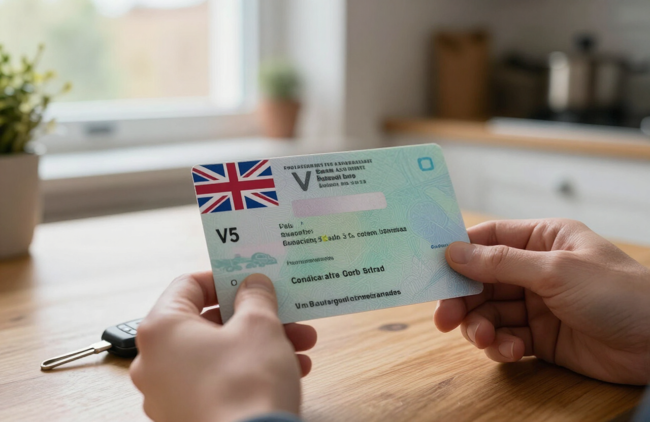 Hands holding a UK V5C logbook and car keys on a kitchen table before selling a vehicle