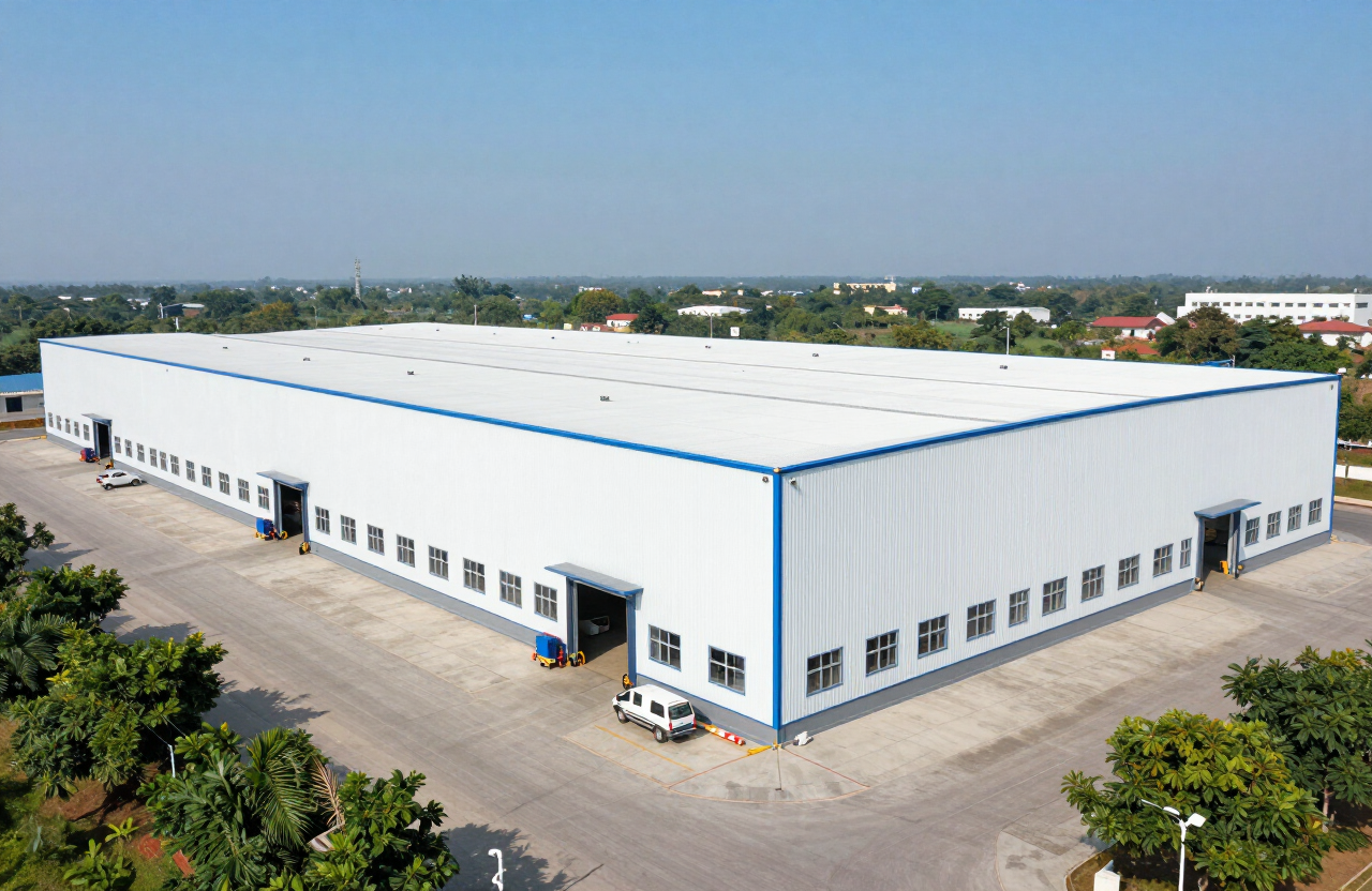 Modern logistics warehouse park near Pune with white industrial sheds and loading docks