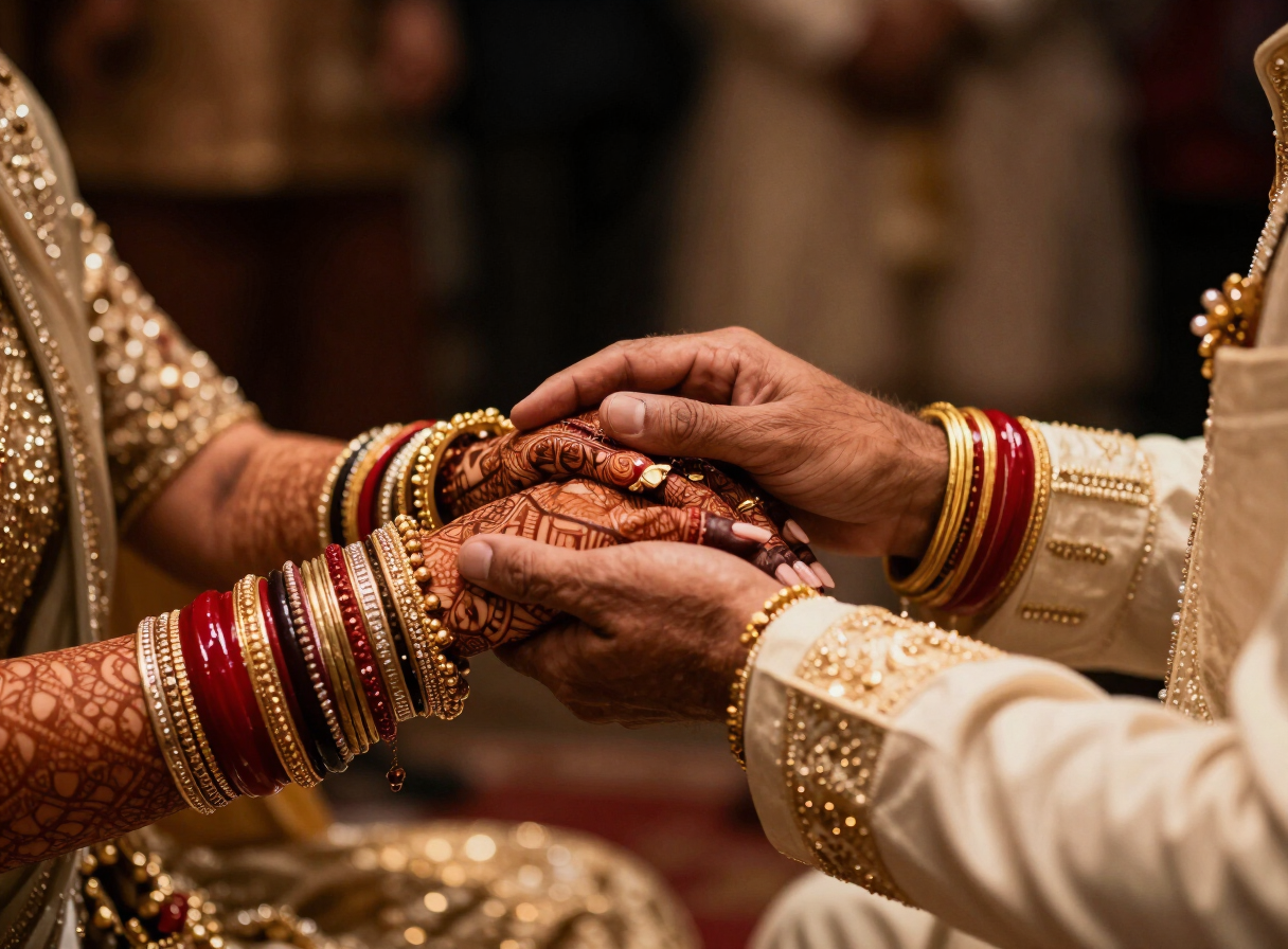 Wedding photography in Patna — henna-decorated hands during the varmala ceremony