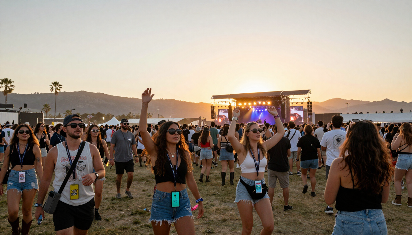 Festival crowd at sunset with attendees wearing crossbody bags and phone lanyards near a main stage.