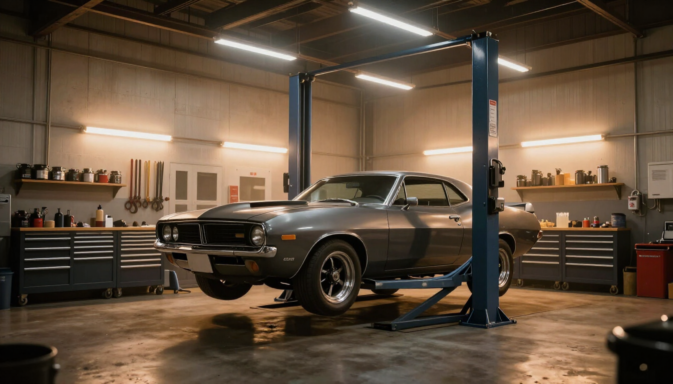 Performance garage workshop at night with muscle car on a lift
