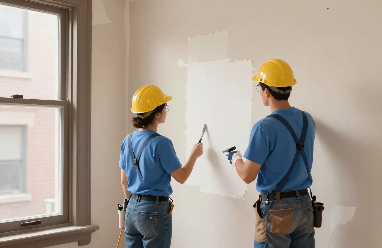 Illustrative drywall repair specialist skim-coating and patching a plaster wall in a Hoboken brownstone