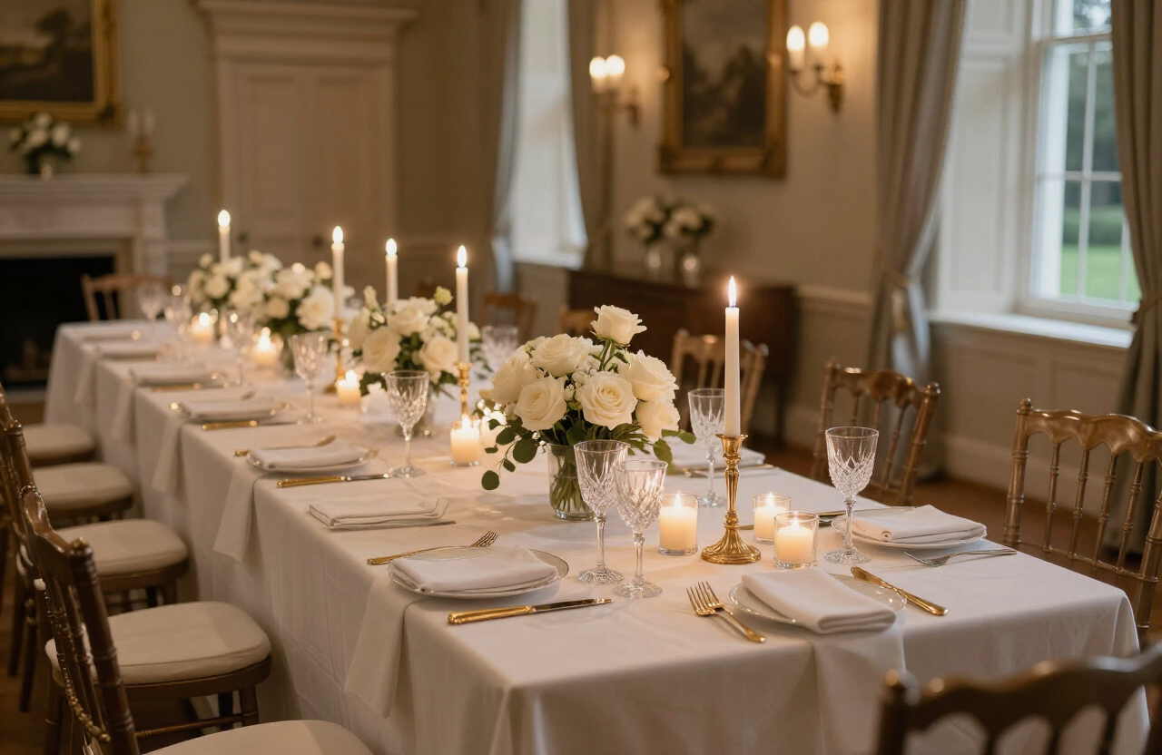 Candlelit luxury wedding banquet table with ivory linen, crystal glassware and white roses in a stately ballroom