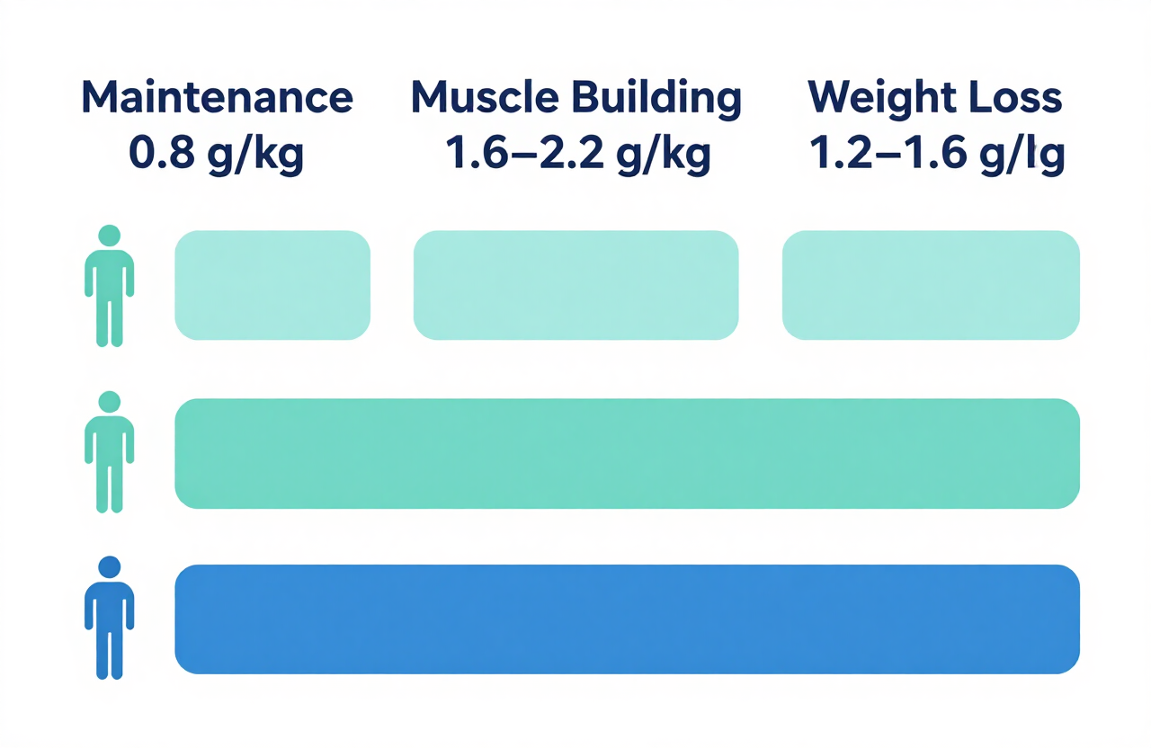 Diagram comparing daily protein needs per kilogram of body weight for maintenance, muscle building, and weight loss goals
