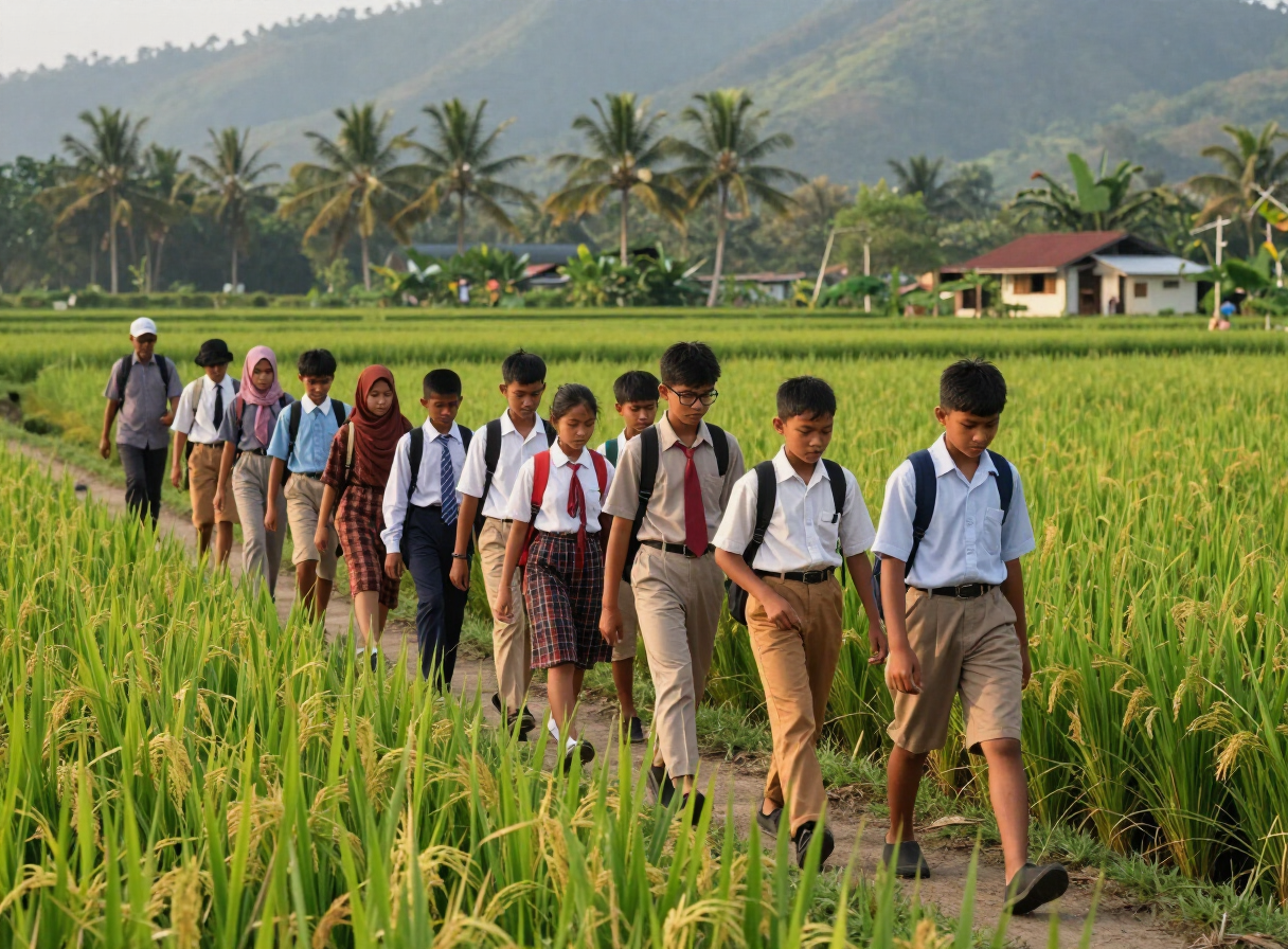 Students walking with a teacher along a trail through rice paddies near Ketapang Resort in Pelabuhan Ratu, West Java